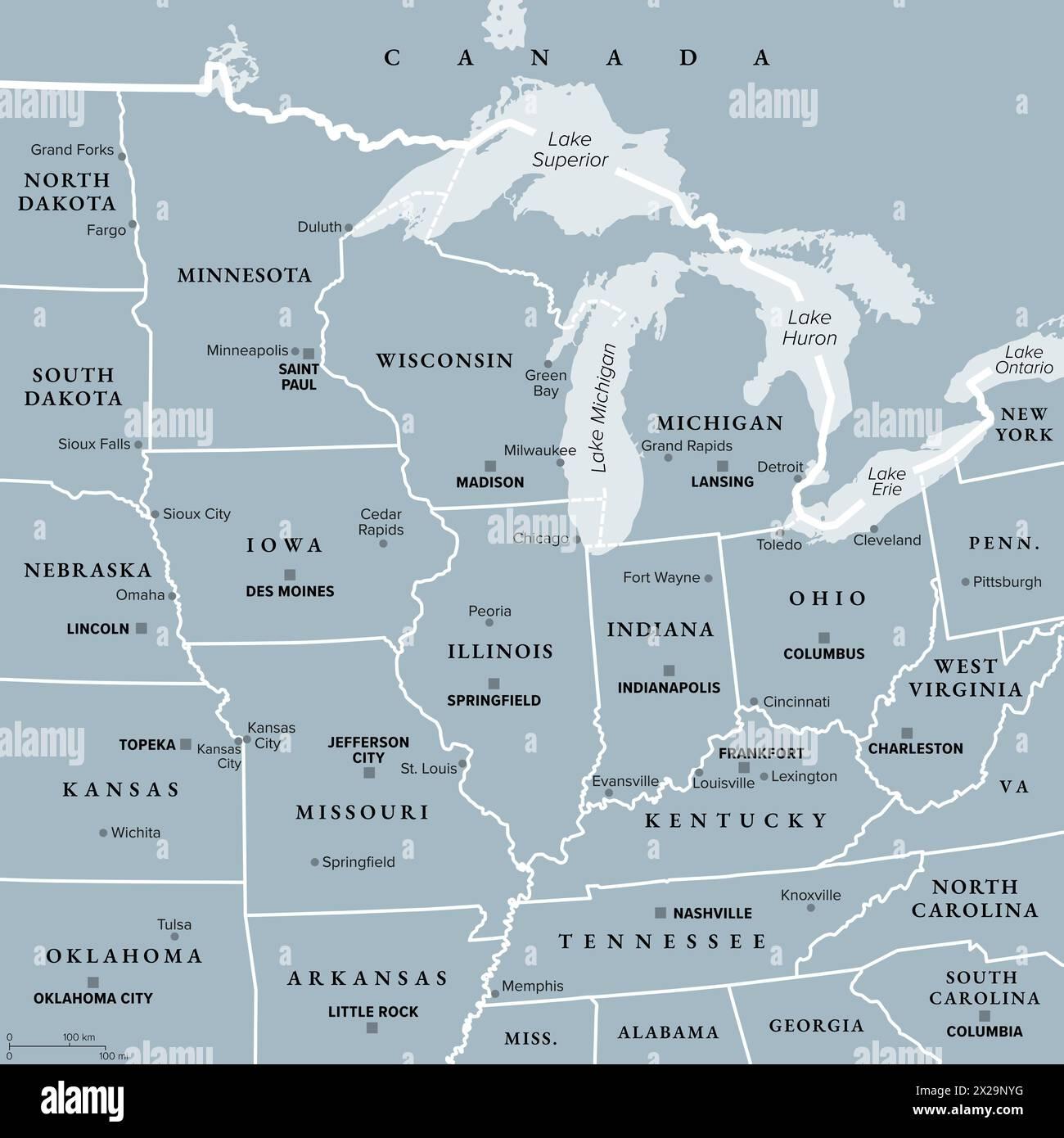 Map of the United States highlighting the Midwest Region